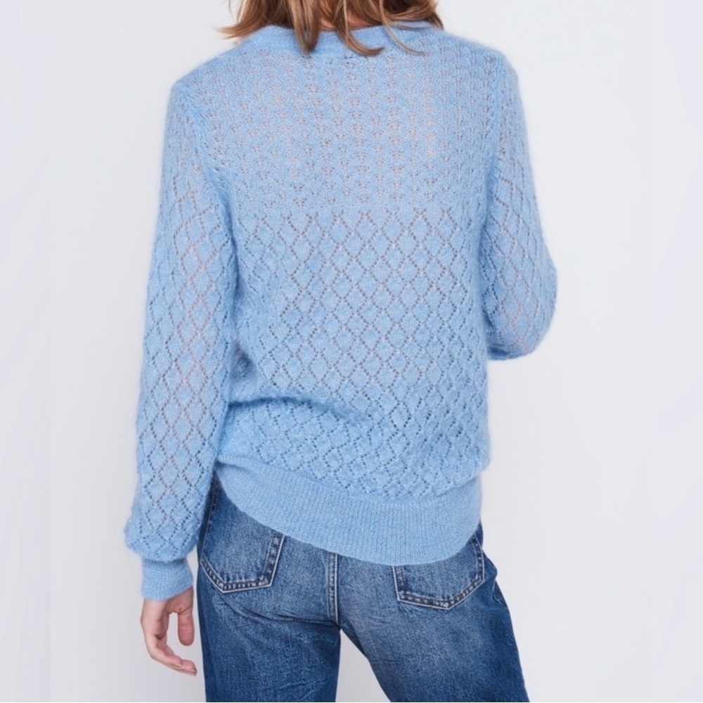 Sandro Pointelle Decorative Mohair Silk Blue open Knit sweater size small - Picture 2 of 10